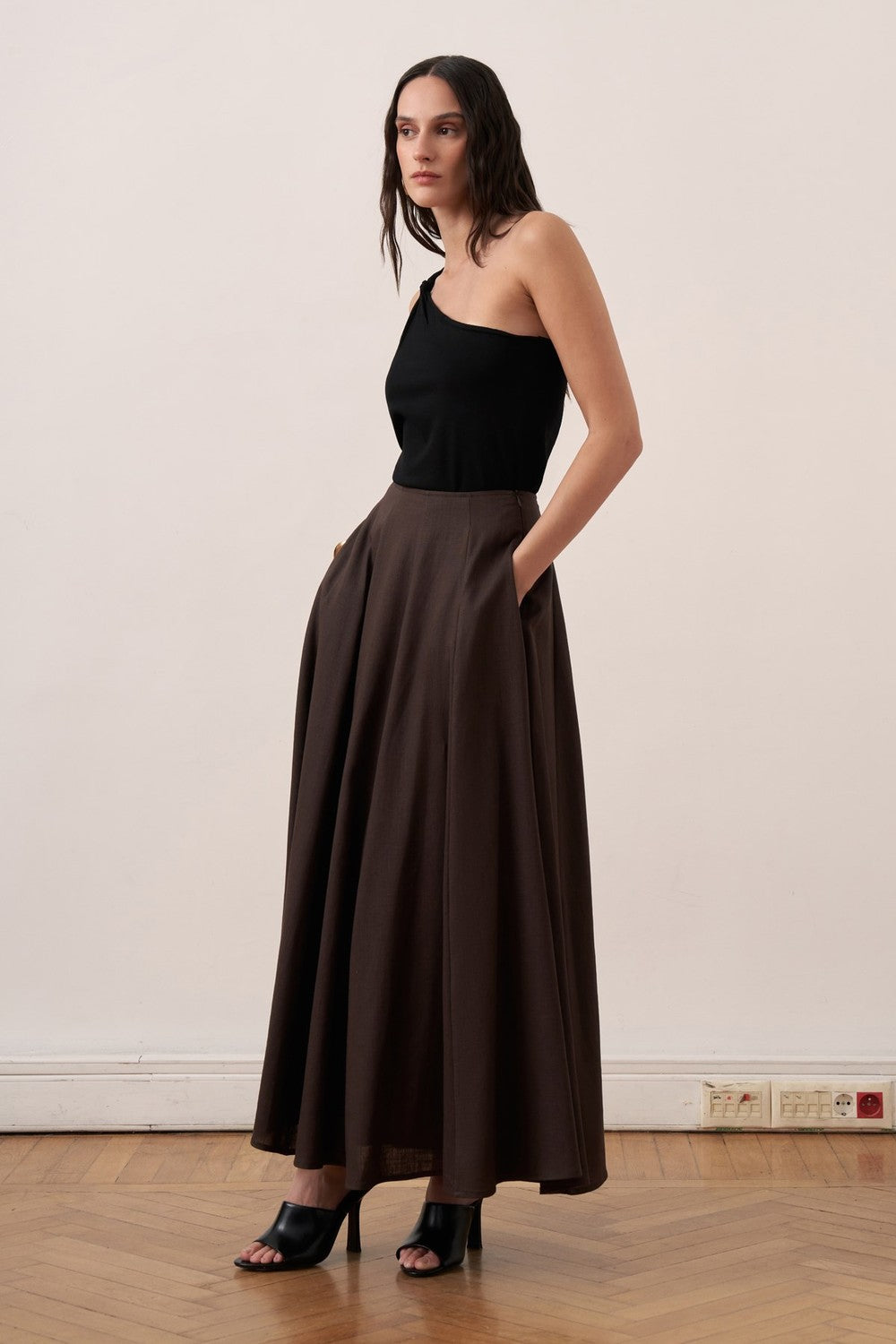 Viola Cup Stitched Linen Skirt Navy Blue