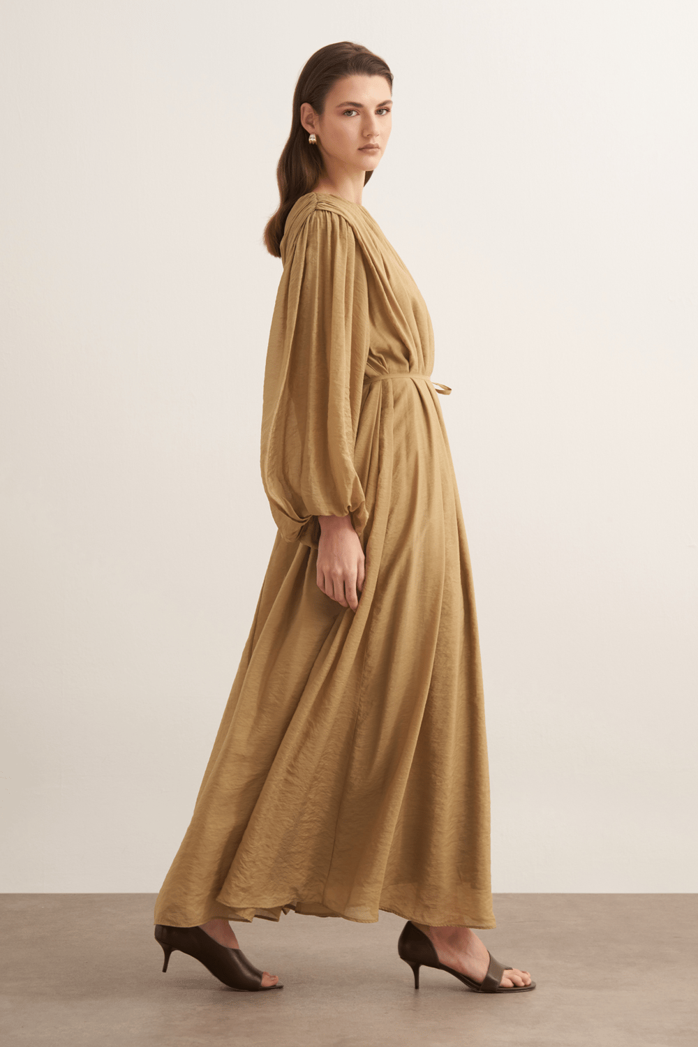Cleo Gathered Detail Long Dress Olive