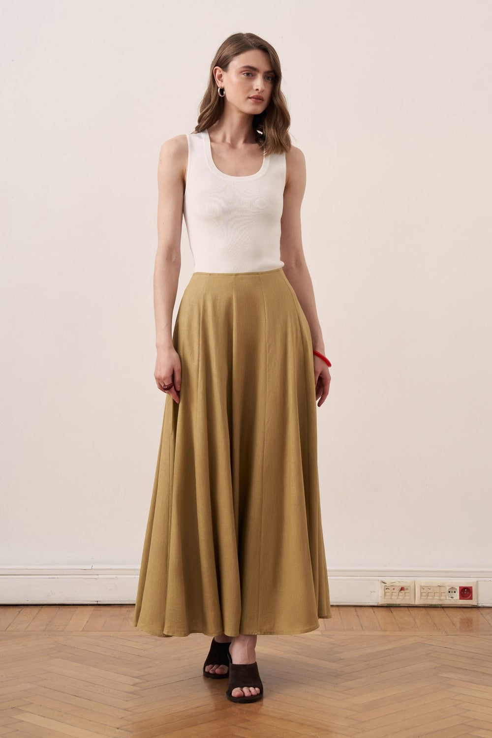 Viola Cup Stitched Linen Skirt Navy Blue