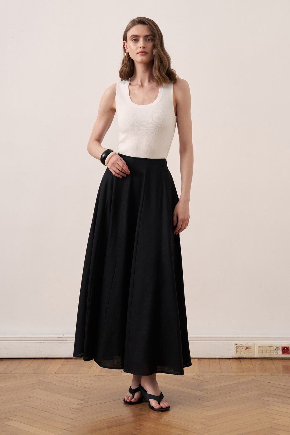 Viola Cup Stitched Linen Skirt Navy Blue