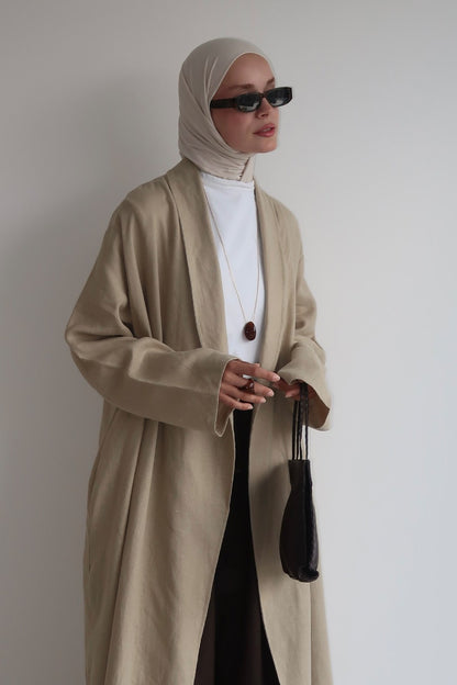 Celes Yaka Detaylı Keten Kimono Saks Mavisi
