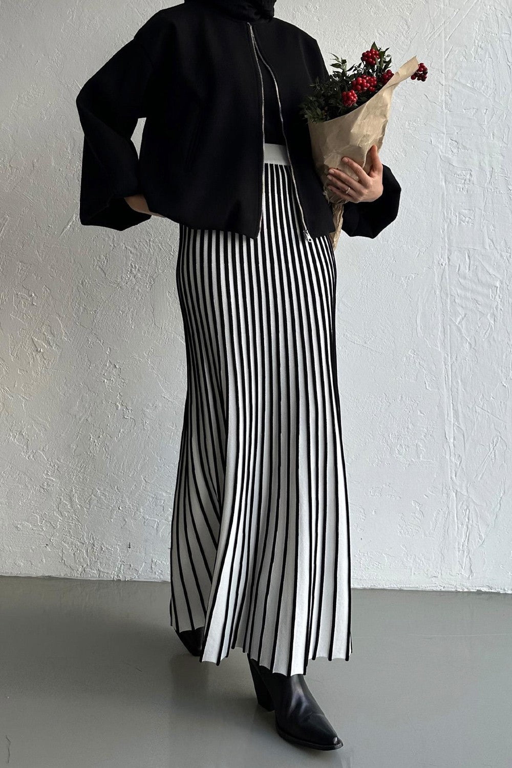 Striped Kloş Etek Siyah
