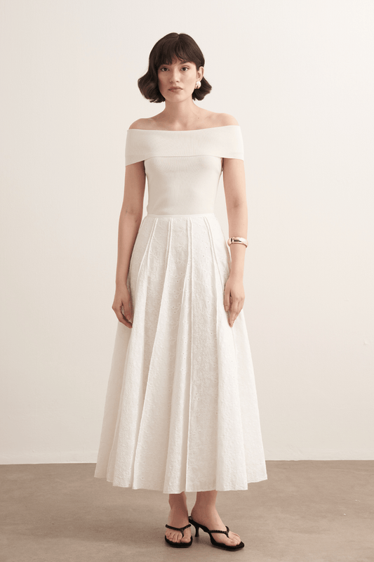 Ember Ribbed Embroidered Voile Skirt White