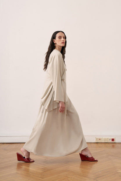 Cherianne.com beige linen two-piece maxi dress set with an asymmetrical tie-side tunic and sleeveless dress