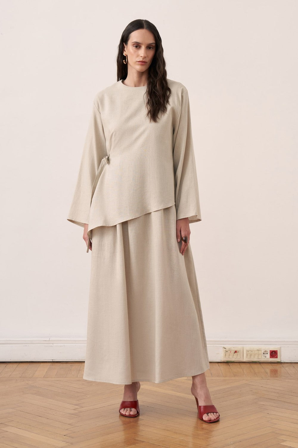 Cherianne.com beige linen blend two-piece dress set with sleeveless maxi dress and asymmetric side-tie tunic