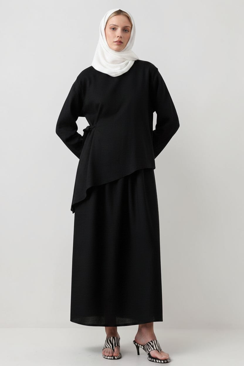 Cherianne.com black two-piece linen blend dress set with an asymmetric tunic and sleeveless maxi dress