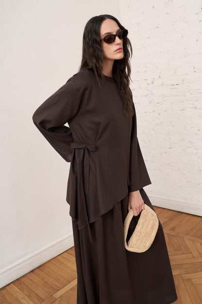 Cherianne.com dark brown linen blend two-piece dress set featuring an asymmetric tunic with side tie detail.