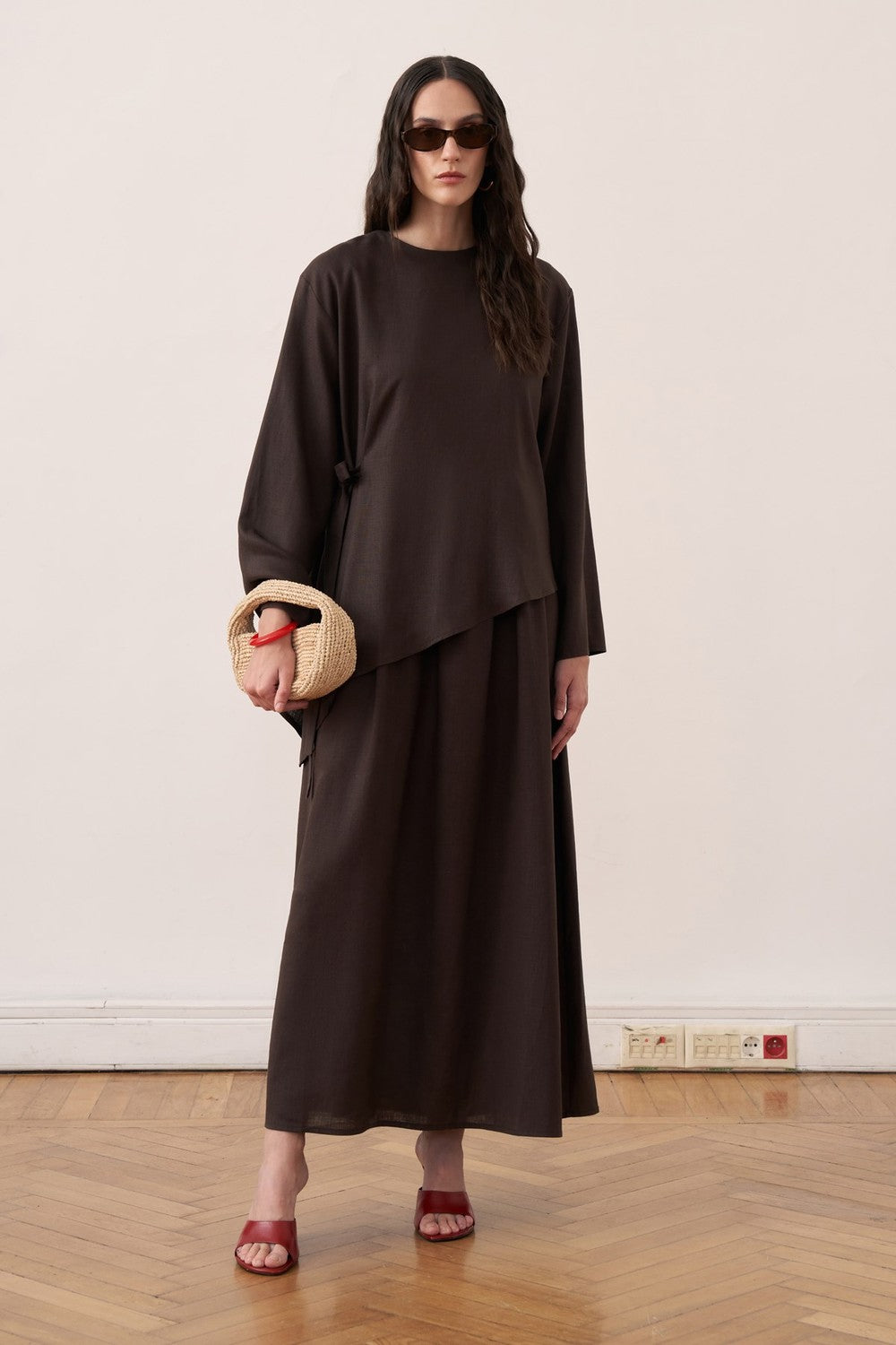 Cherianne.com dark brown two-piece linen blend dress set with an asymmetrical side-tie tunic and sleeveless maxi dress.