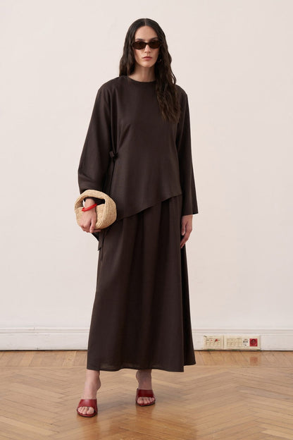 Cherianne.com dark brown two-piece linen blend dress set with an asymmetrical side-tie tunic and sleeveless maxi dress.