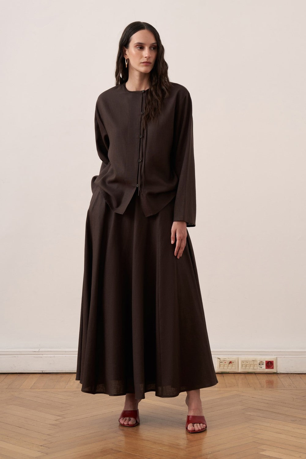 Cherianne.com dark brown linen blend shirt with mandarin collar, asymmetric button placket, and drop shoulders