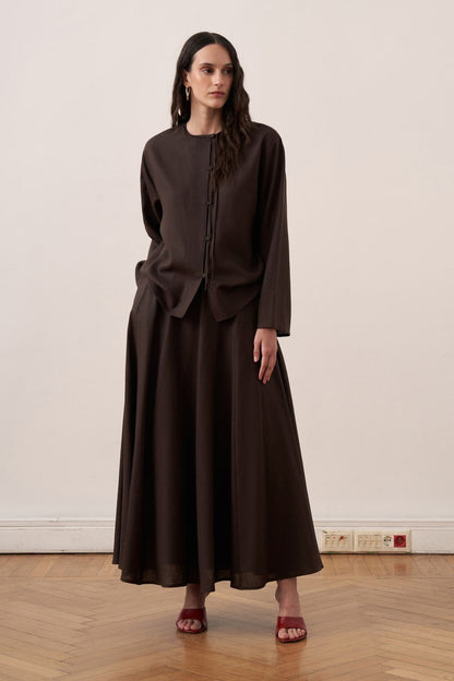 Cherianne.com dark brown linen blend shirt with mandarin collar, asymmetric button placket, and drop shoulders