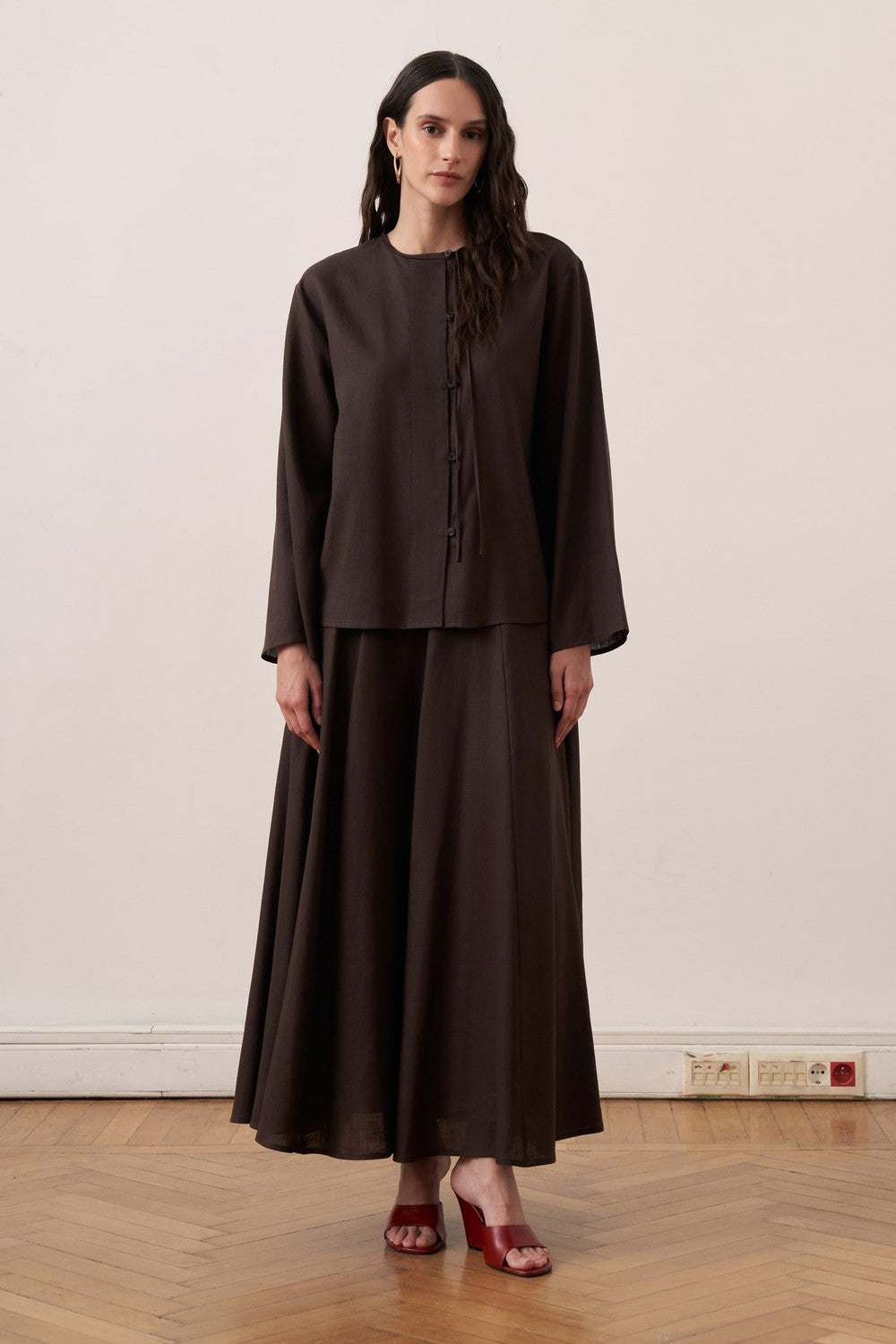 Cherianne.com dark brown linen blend shirt with mandarin collar, asymmetric button placket, and drop shoulders