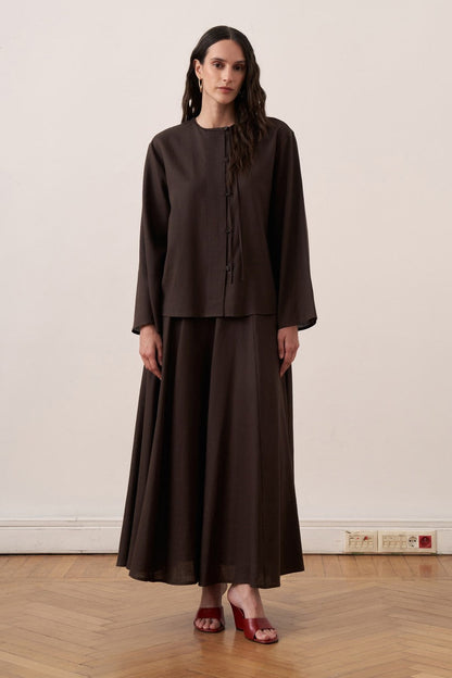 Cherianne.com dark brown linen blend shirt with mandarin collar, asymmetric button placket, and drop shoulders