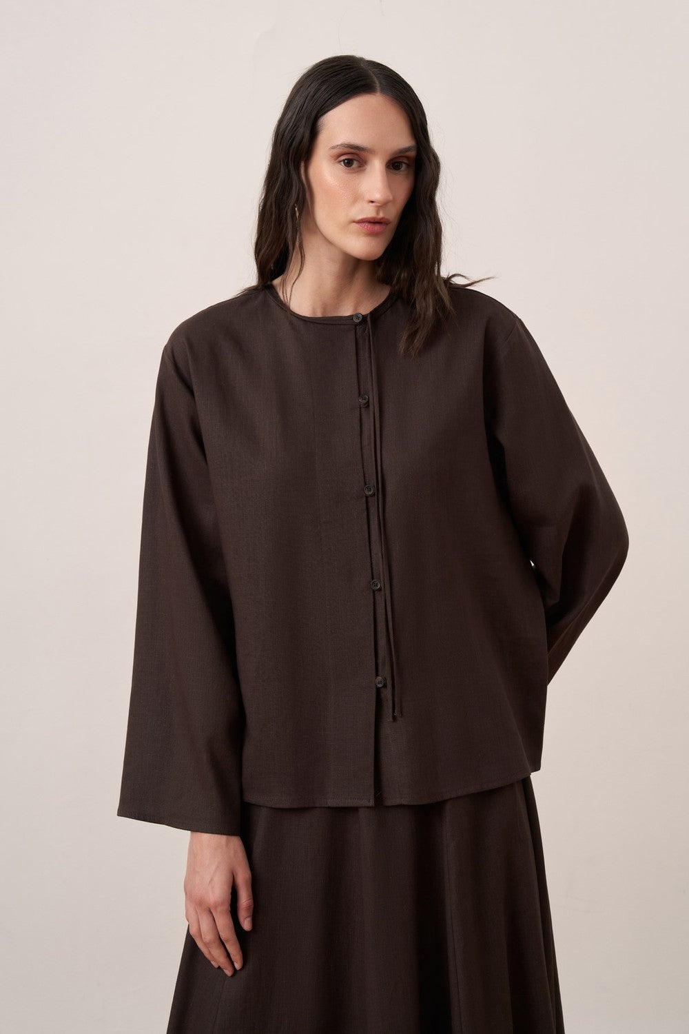 Cherianne.com dark brown linen blend shirt with mandarin collar, asymmetric button placket, and drop shoulders