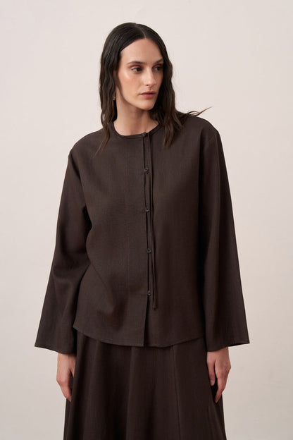 Cherianne.com dark brown linen blend shirt with mandarin collar, asymmetric button placket, and drop shoulders