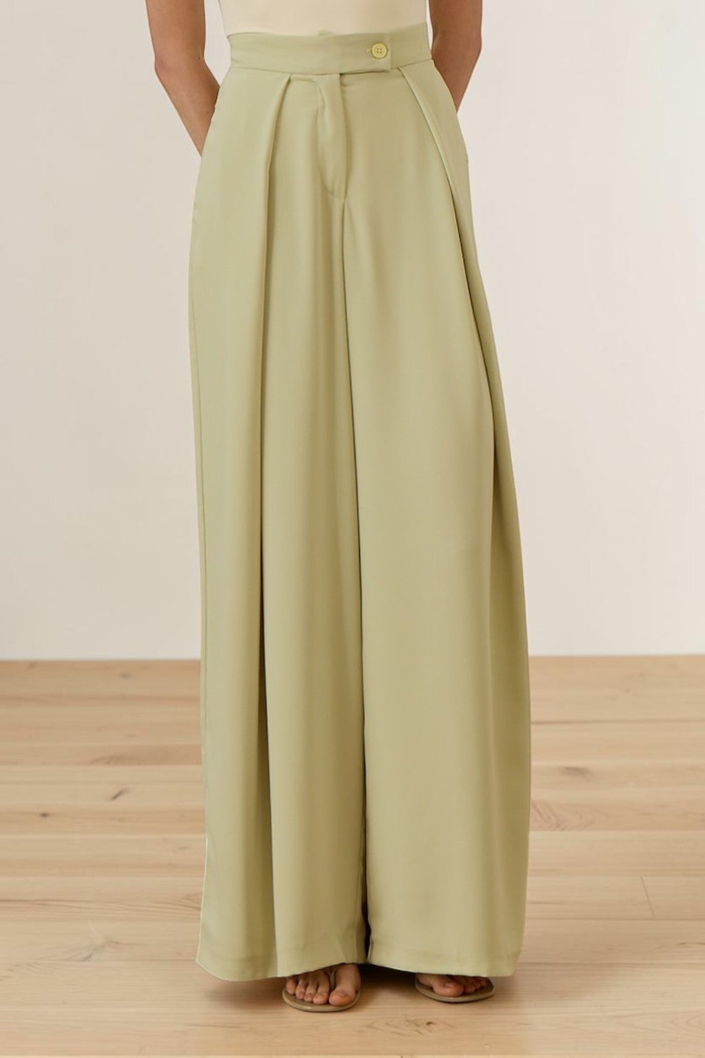 Cherianne.com Leona high-waisted wide-leg trousers in sage green with a button closure and pleated design.