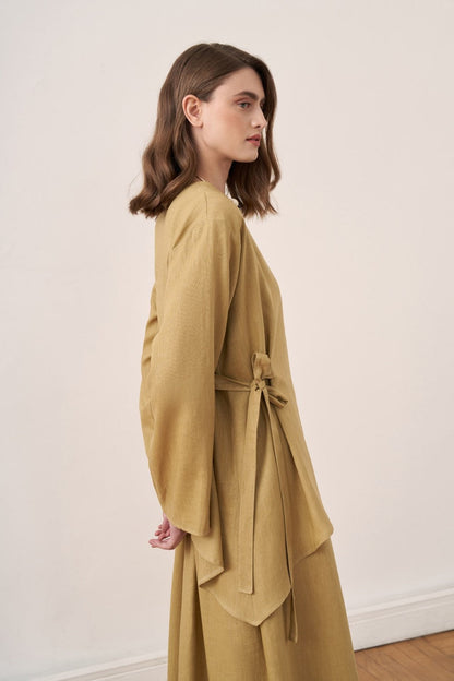 Cherianne.com mustard yellow linen blend two-piece dress set with side-tie asymmetric tunic and sleeveless maxi dress