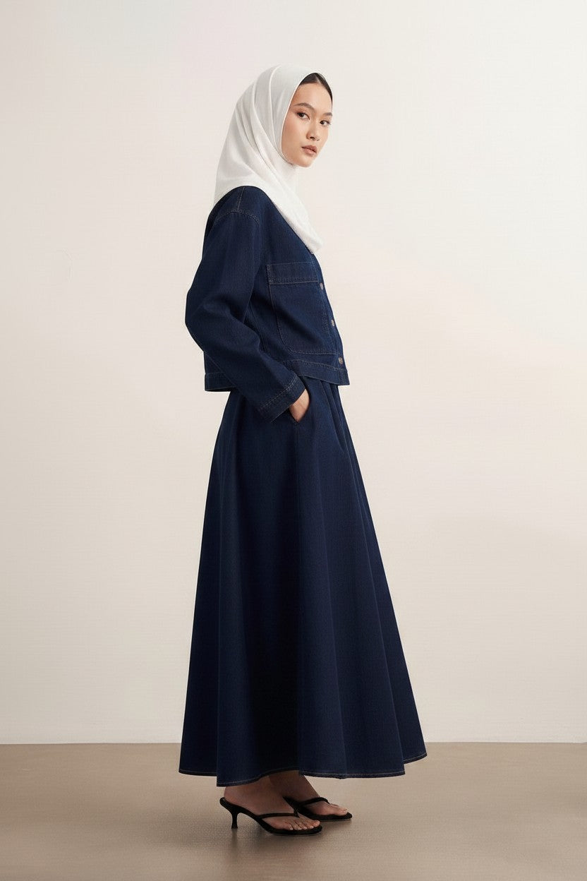 Cherianne.com navy blue denim two-piece set with button-up jacket and long skirt worn by a model in a hijab