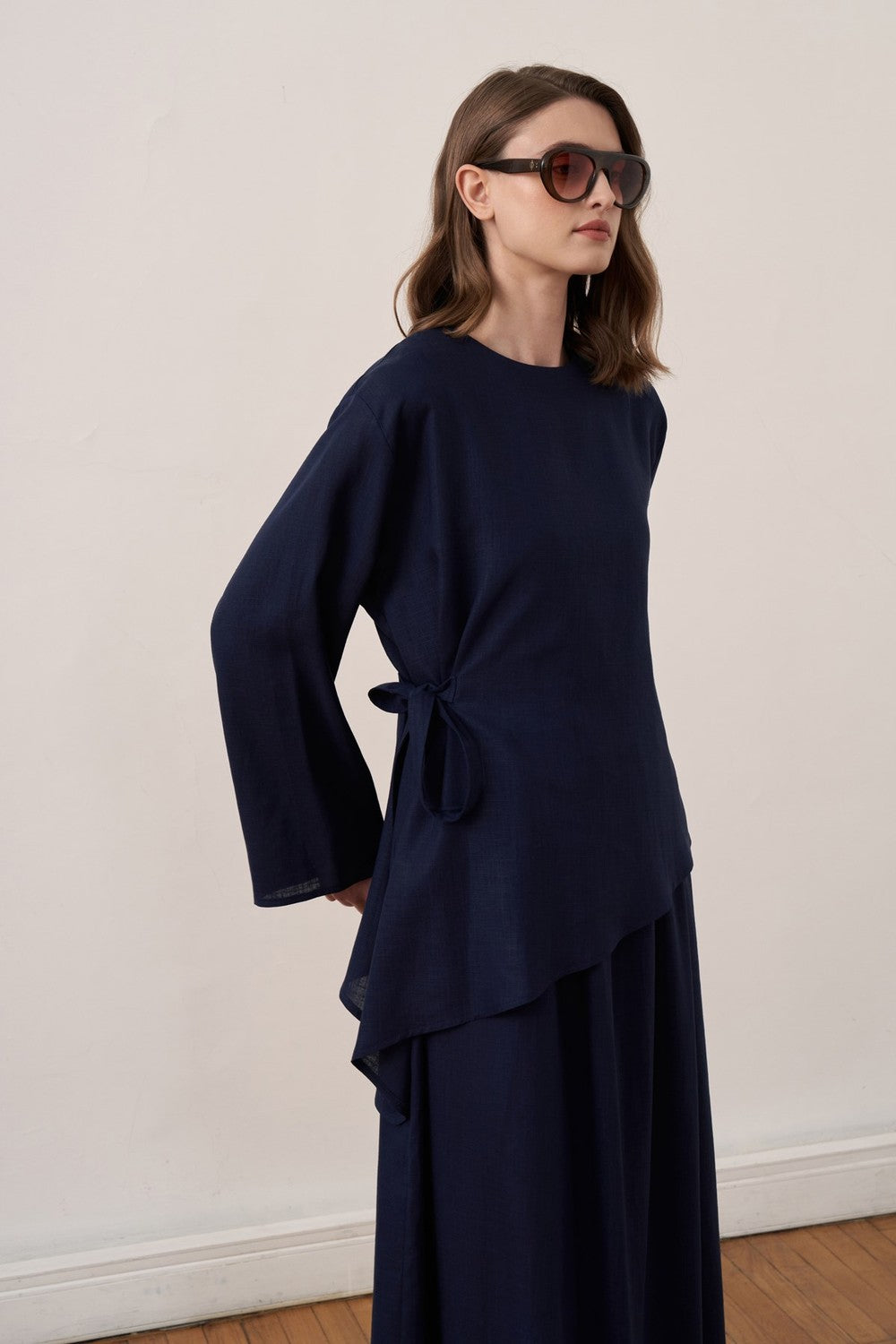 Cherianne.com navy blue linen blend two-piece dress set with an asymmetric side-tie tunic and sleeveless maxi dress.