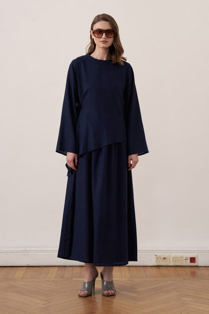Cherianne.com navy blue two-piece linen blend dress set featuring a sleeveless maxi dress and asymmetric tunic.