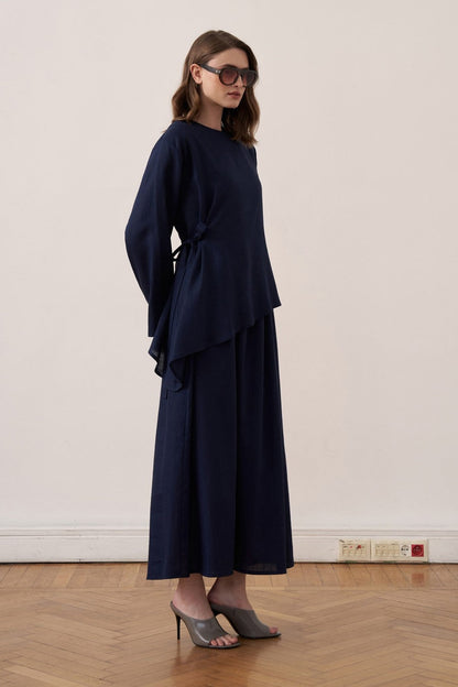 Cherianne.com navy blue linen blend two-piece maxi dress set with an asymmetric side-tie tunic and sleeveless dress.