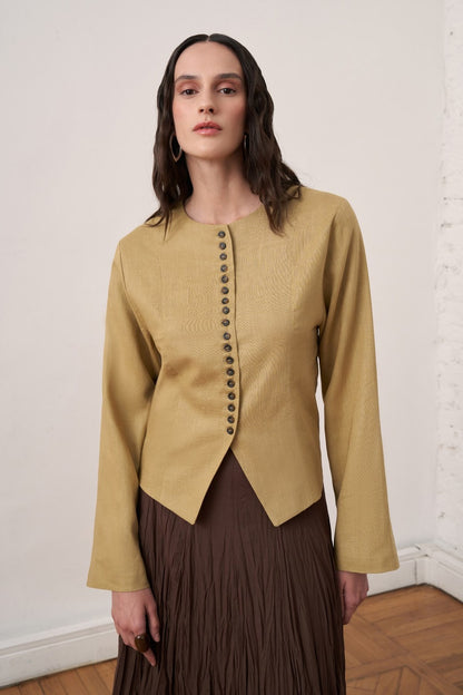 Capri Buttoned Linen Jacket Olive