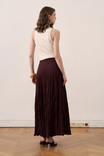 Cherianne.com Tyra maxi skirt in dark burgundy cotton voile with a crushed crinkle texture and high-waisted fit.