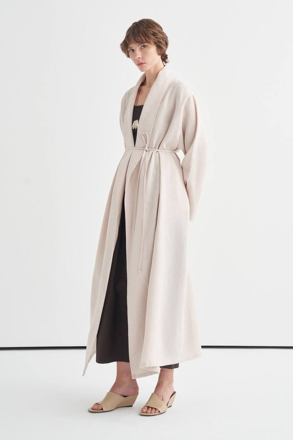 Celes Yaka Detaylı Keten Kimono Saks Mavisi
