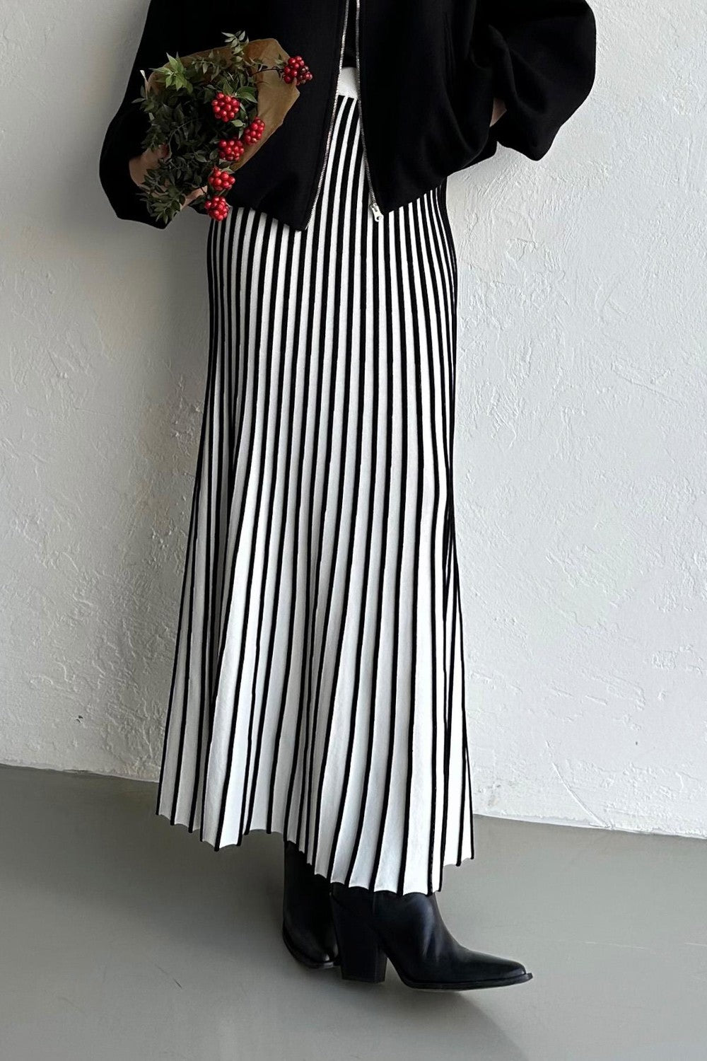 Striped Kloş Etek Siyah