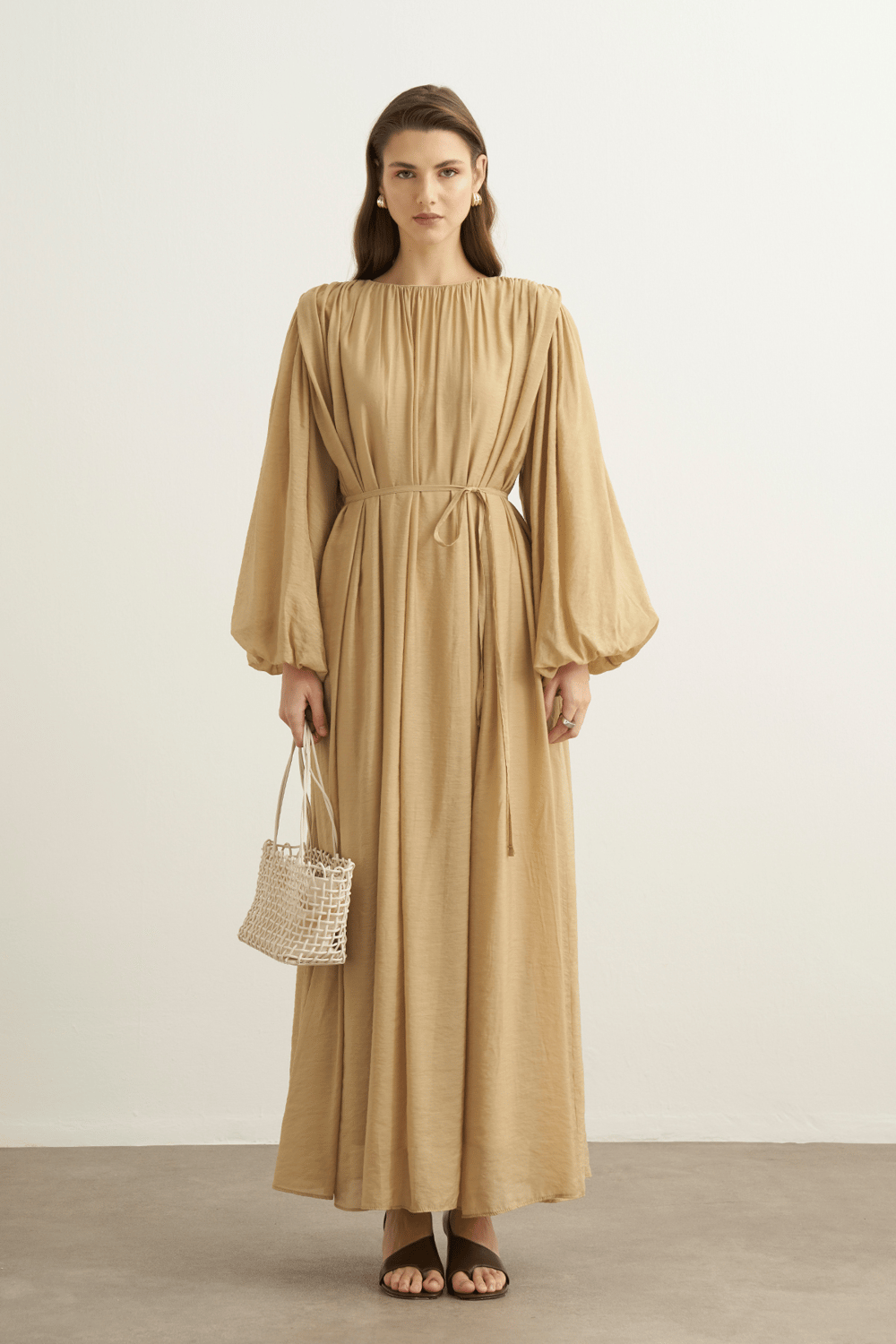 Cleo Gathered Detail Long Dress Olive