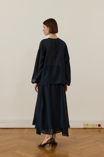 Giada Asymmetrical Patchwork Skirt Set in Navy Blue