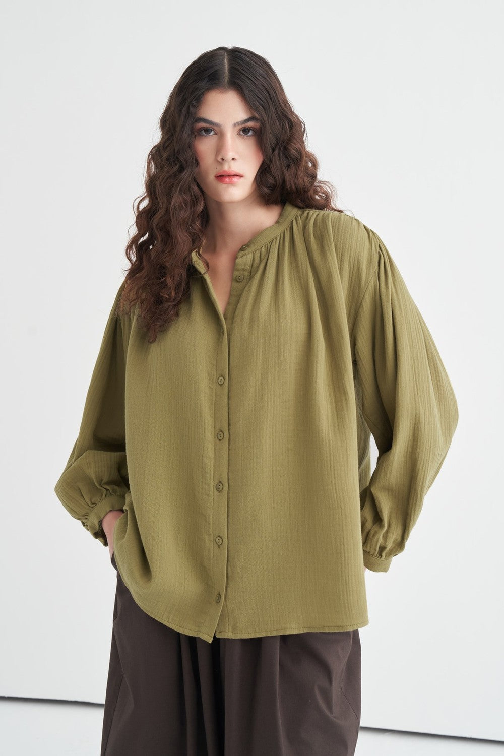 August Mandarin Collar Muslin Shirt Butter