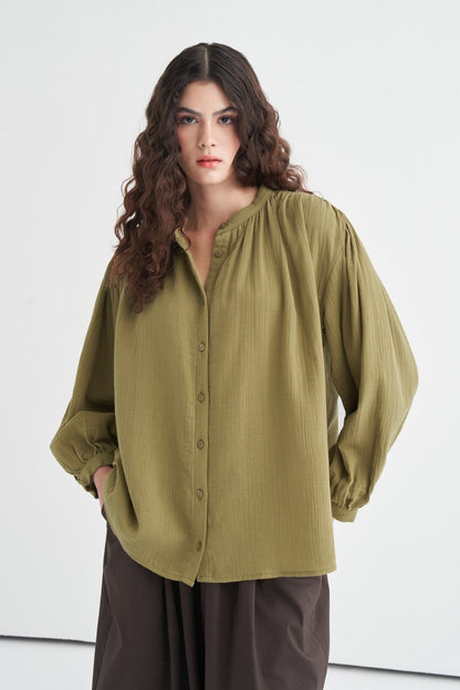 August Mandarin Collar Muslin Shirt Butter