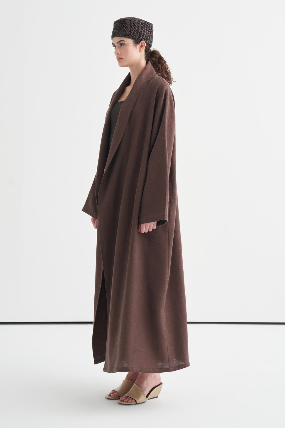 Celes Yaka Detaylı Keten Kimono Saks Mavisi