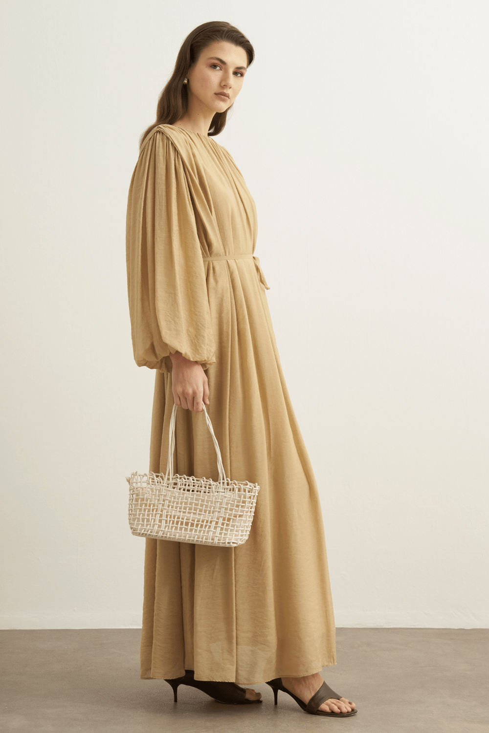 Cleo Gathered Detail Long Dress Olive