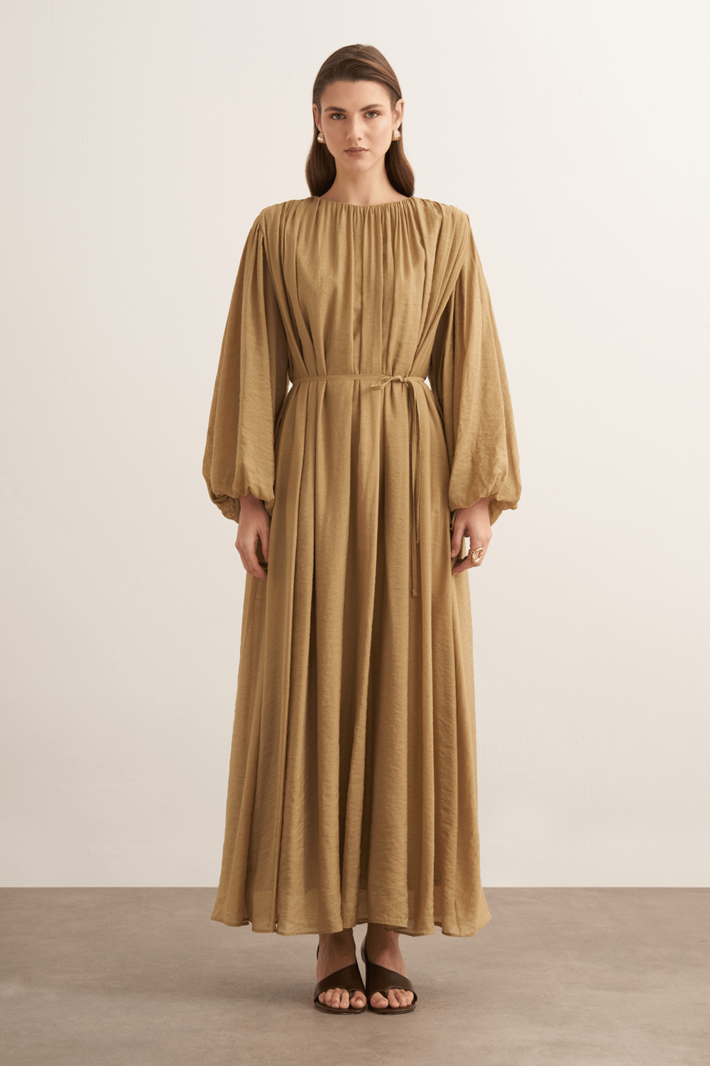 Cleo Gathered Detail Long Dress Olive