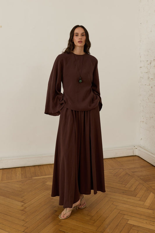 Raya Cupra Suit with Detailed Skirt, Dark Brown