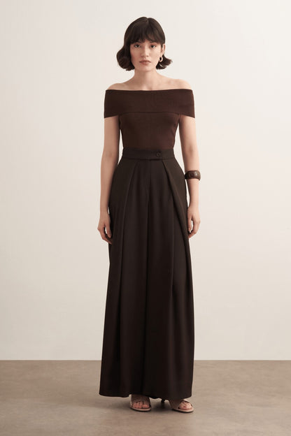 Cherianne.com Leona high-waisted wide-leg trousers in dark brown polyester with a ruffled design and side pockets.