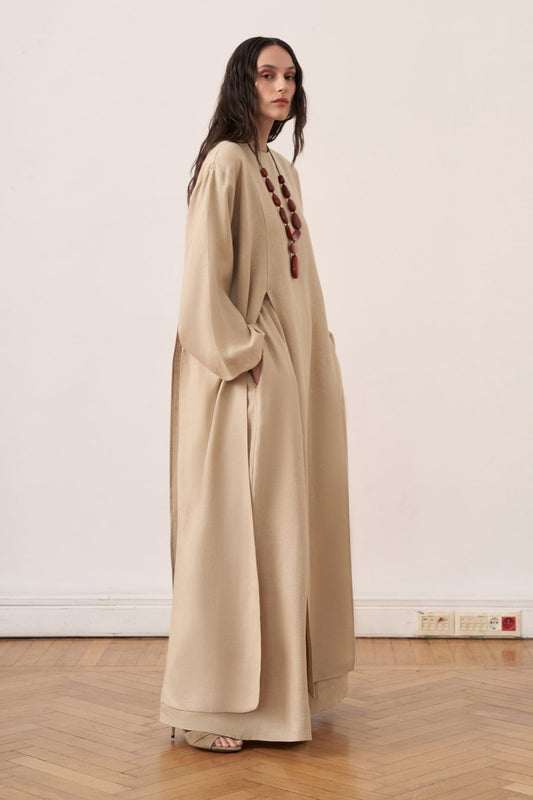 Kheesa Linen Blouse with Slit Detail, Wheat